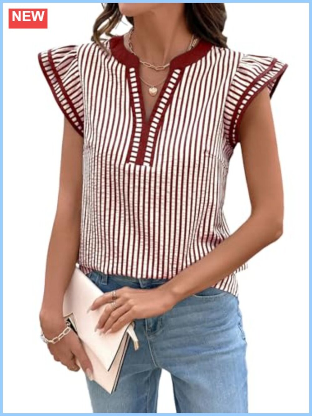 Women's Striped Short Sleeve V-Neck Blouse Soft Lightweight Summer Top